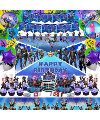 179PCS Fornite Party Supplies Birthday Decorations Include Banners Latex Balloons Round Foil Balloons Pull Flower Backdrop St...