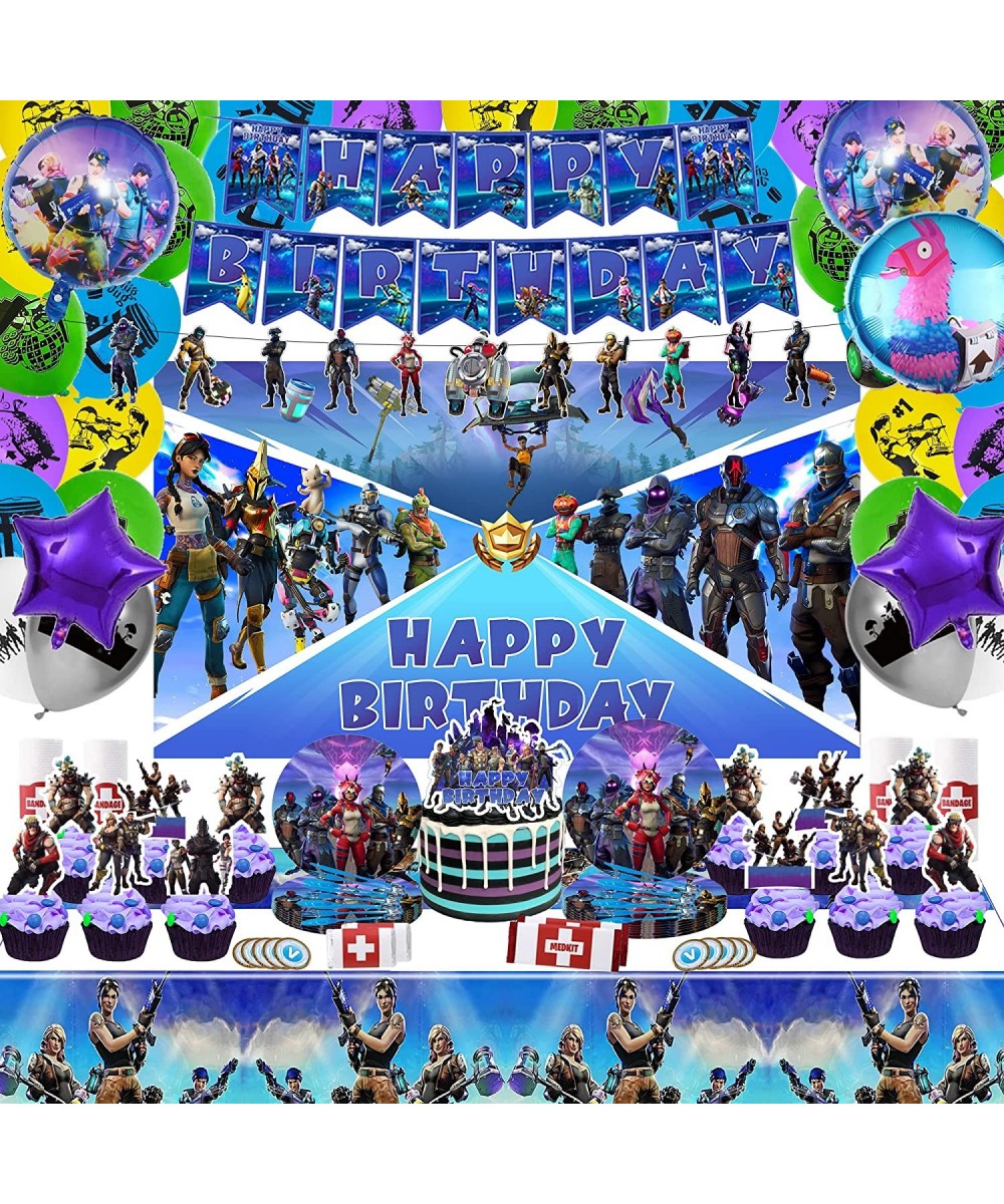 179PCS Fornite Party Supplies Birthday Decorations Include Banners Latex Balloons Round Foil Balloons Pull Flower Backdrop St...