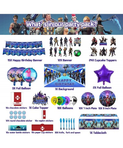 179PCS Fornite Party Supplies Birthday Decorations Include Banners Latex Balloons Round Foil Balloons Pull Flower Backdrop St...