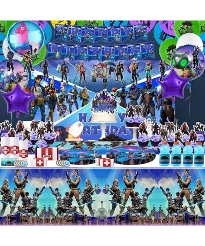 179PCS Fornite Party Supplies Birthday Decorations Include Banners Latex Balloons Round Foil Balloons Pull Flower Backdrop St...