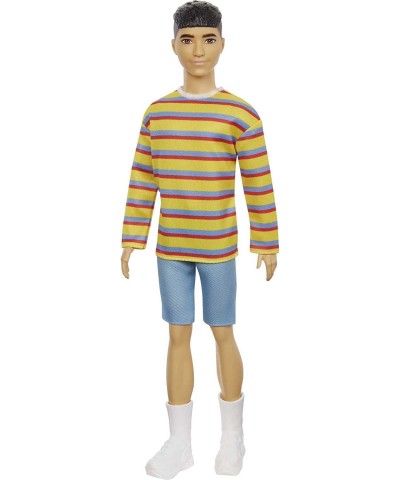 Ken Fashionistas Doll 175 with Sculpted Brunette Hair Wearing a Long-Sleeve Colorful Striped Shirt Denim Shorts White Boots T...