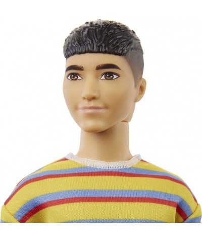 Ken Fashionistas Doll 175 with Sculpted Brunette Hair Wearing a Long-Sleeve Colorful Striped Shirt Denim Shorts White Boots T...