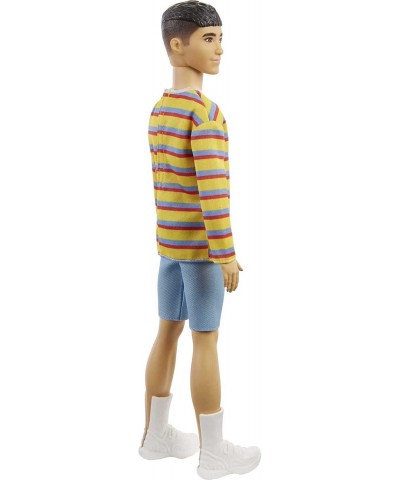 Ken Fashionistas Doll 175 with Sculpted Brunette Hair Wearing a Long-Sleeve Colorful Striped Shirt Denim Shorts White Boots T...