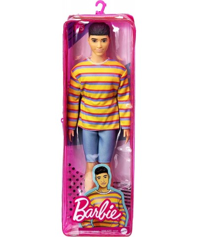 Ken Fashionistas Doll 175 with Sculpted Brunette Hair Wearing a Long-Sleeve Colorful Striped Shirt Denim Shorts White Boots T...