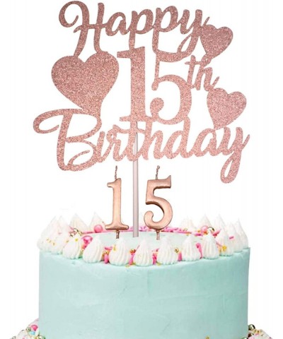 Happy 15th Birthday Cake Topper Rose Gold 15th Birthday Cake Topper 15th Birthday Cake Topper with Number 15 Candles for Girl...