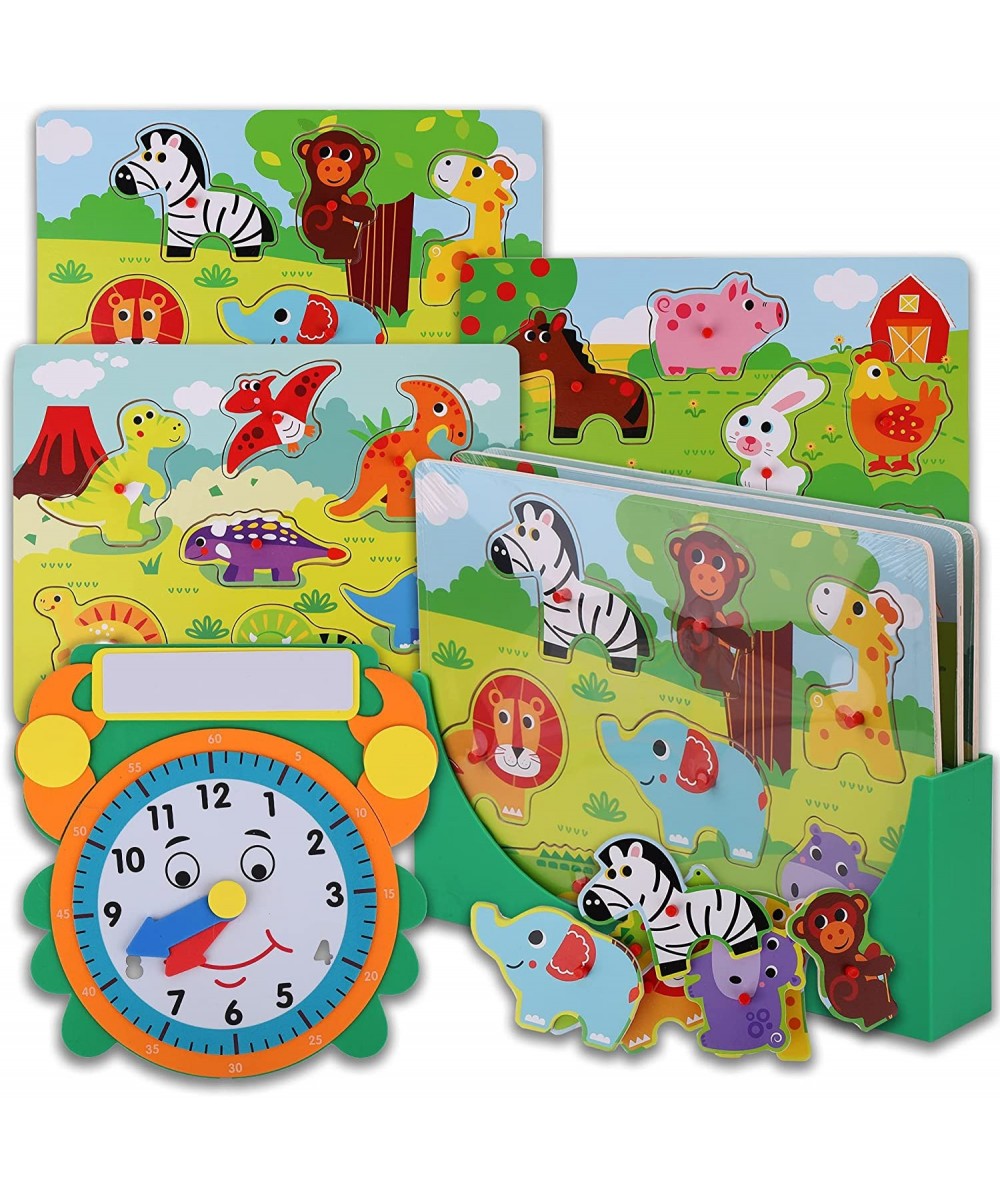 Wooden Toddler Puzzles and Rack Set - 3 Pack with Storage Holder Rack and Learning Clock - Kids Preschool Peg Puzzles for Chi...