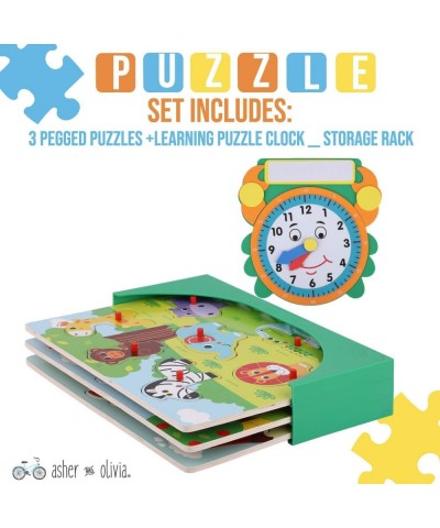 Wooden Toddler Puzzles and Rack Set - 3 Pack with Storage Holder Rack and Learning Clock - Kids Preschool Peg Puzzles for Chi...