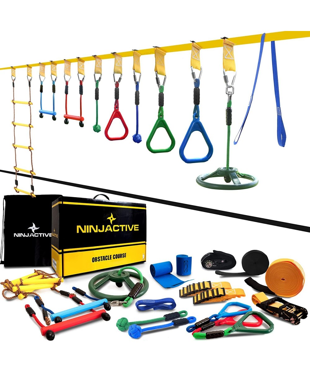 Ninja Obstacle Course for Kids with 3 Play Modes 2 Slack Lines - 2x50’ Weatherproof Slackline Warrior Course with 11 Attachme...