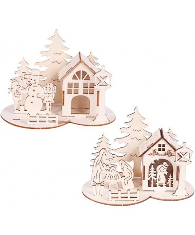 2pcs Christmas Unfinished Wooden Figurine DIY 3D Painting Village House Sculpture Kids Painting Toy for Kids Xmas Holiday Par...