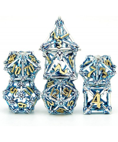 Hollow Metal DND Game Dice Flower Shaped Blue and Gold Numbers 7Pcs Set for Dungeons and Dragons RPG MTG Table Games D&D Path...