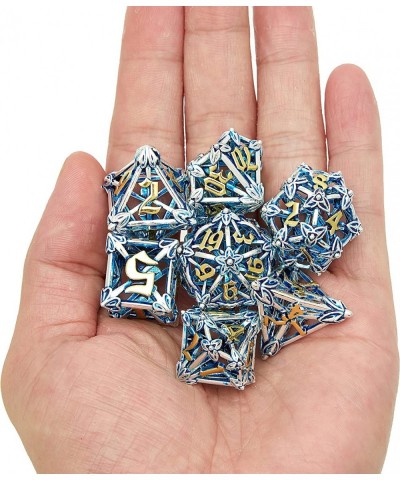 Hollow Metal DND Game Dice Flower Shaped Blue and Gold Numbers 7Pcs Set for Dungeons and Dragons RPG MTG Table Games D&D Path...