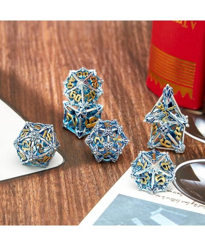 Hollow Metal DND Game Dice Flower Shaped Blue and Gold Numbers 7Pcs Set for Dungeons and Dragons RPG MTG Table Games D&D Path...