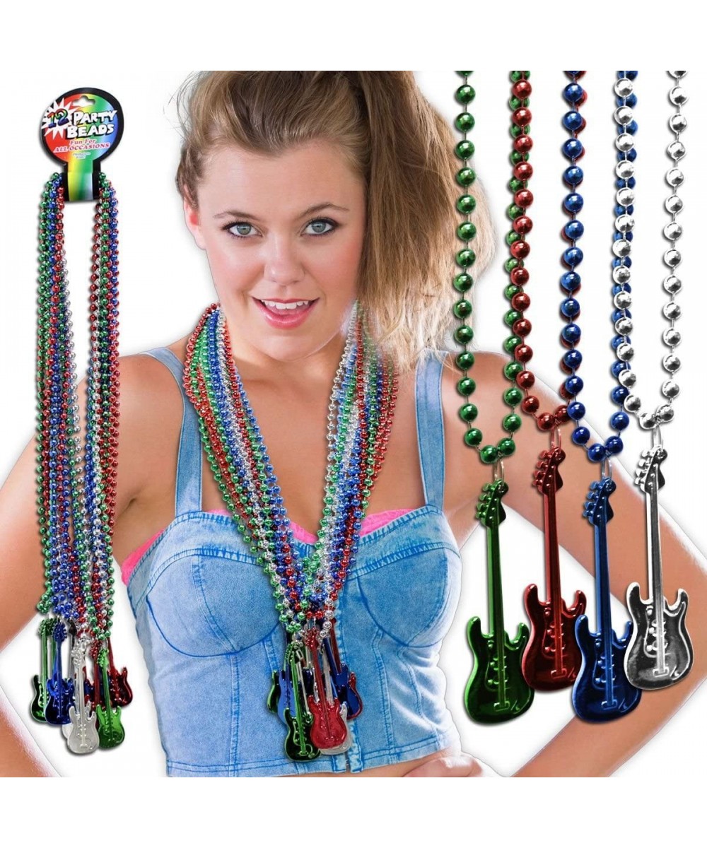 12 pack - Mardi Gras Guitar Bead Necklaces | in Bulk | Rock n’ Roll Decor Mardi Gras Party Supplies Costume Accessories Guita...