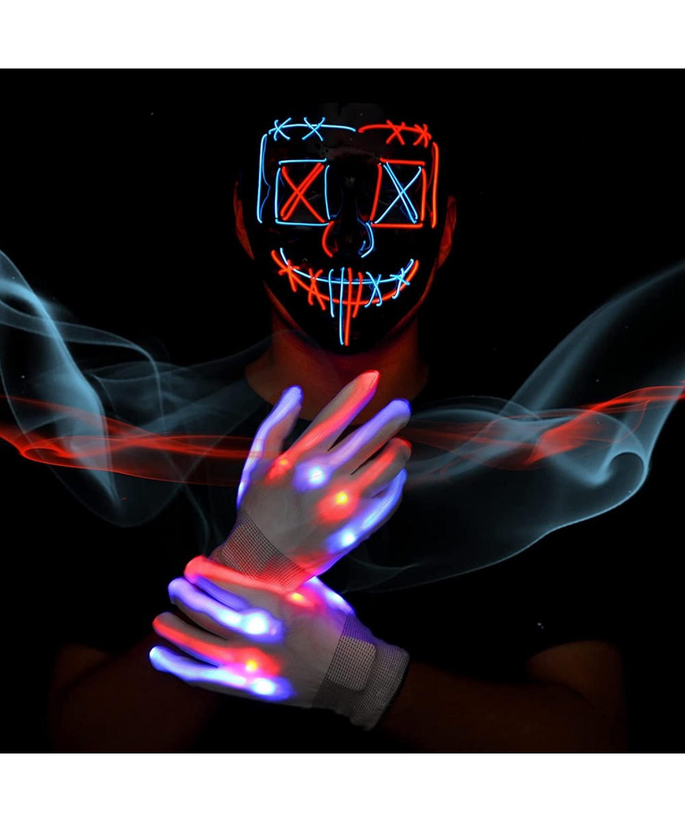 Halloween LED Mask Skeleton Gloves Set Light Up Scary mask with LED Glow Gloves for Festival Cosplay Halloween Costume Masque...