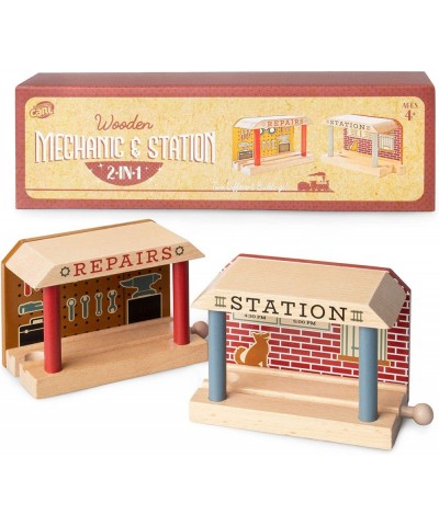 Wooden Train Track Mechanic & Station Service Building 2-in-1 Mechanic Service & Train Station for Customizing Wooden Train T...