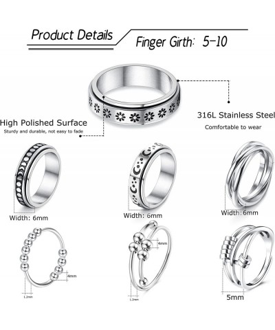 7pcs Fidget Rings for Anxiety Stainless Steel Spinner Rings for Women Men Adjustable Anxiety Rings with Bead Flower Moon Star...