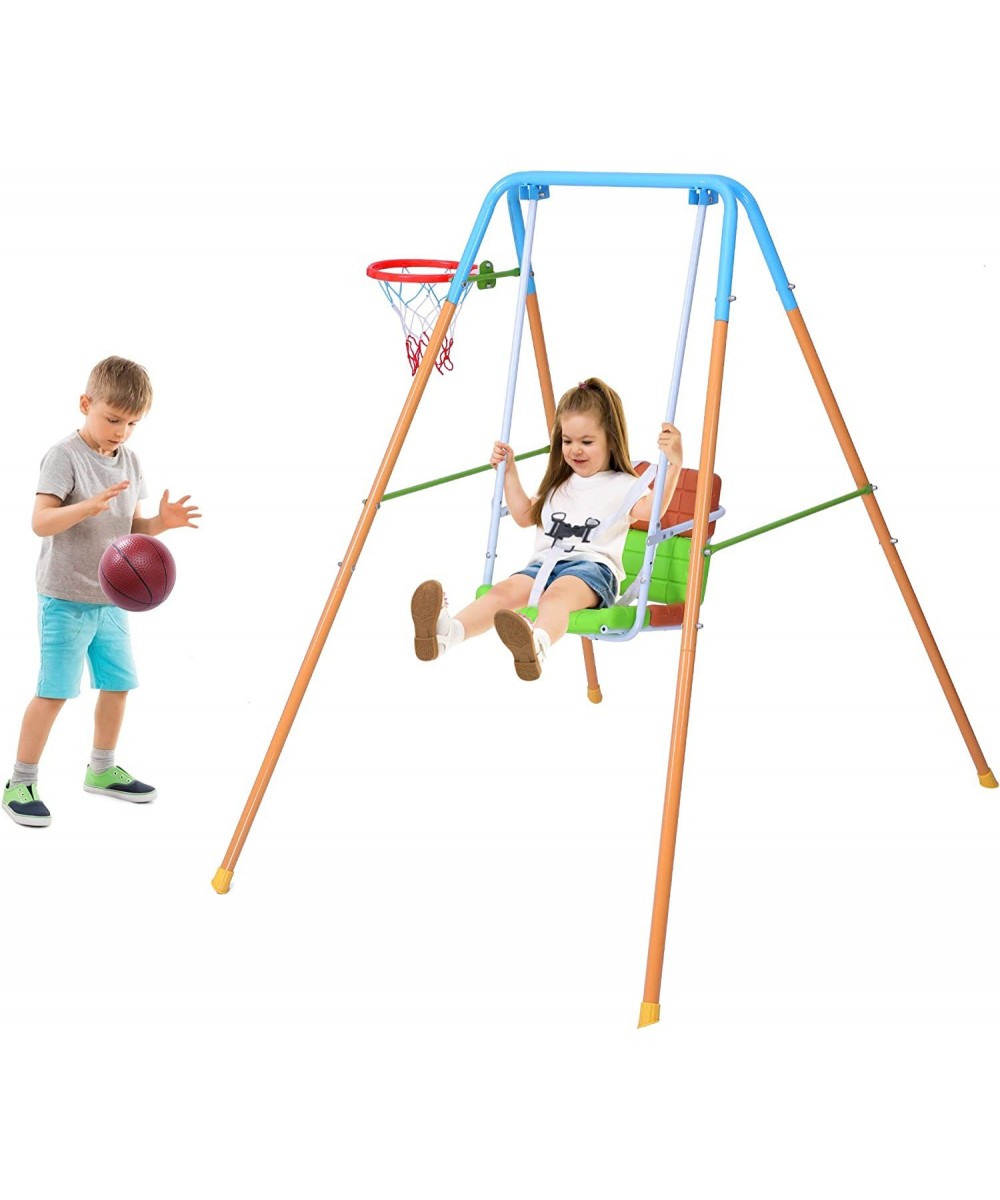 Toddler 2-in-1 Swing Set - Heavy-Duty Kid Swing Set for Backyard Baby Swing Indoor/Outdoor Play Folding Metal Stand + Basketb...