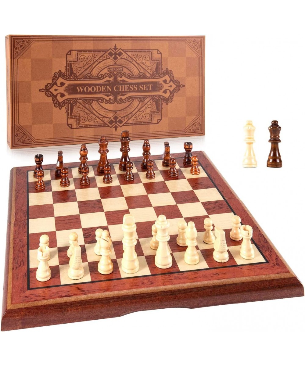 15'' Magnetic Wooden Chess Set -Folding Board -2 Extra Queens -Chessmen Storage Slots -Gift Package Travel Chess Board Game S...