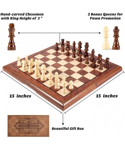 15'' Magnetic Wooden Chess Set -Folding Board -2 Extra Queens -Chessmen Storage Slots -Gift Package Travel Chess Board Game S...