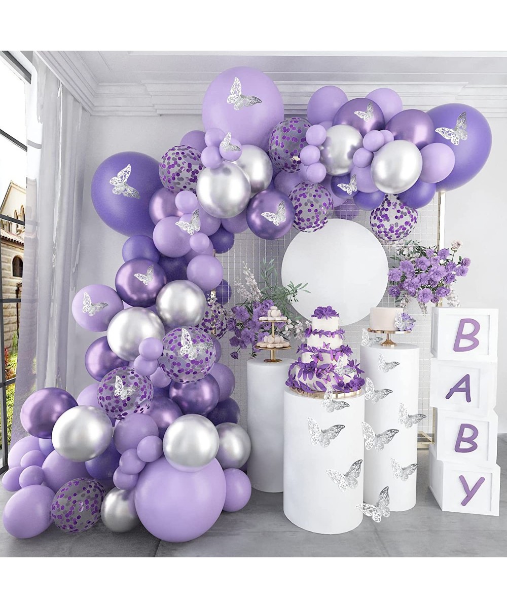 Baby Shower Decorations for Girl 140 Pcs Purple Balloon Garland Kit Metallic Purple Silver Balloon Arch 12 Pcs Butterfly Stic...