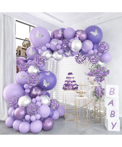 Baby Shower Decorations for Girl 140 Pcs Purple Balloon Garland Kit Metallic Purple Silver Balloon Arch 12 Pcs Butterfly Stic...