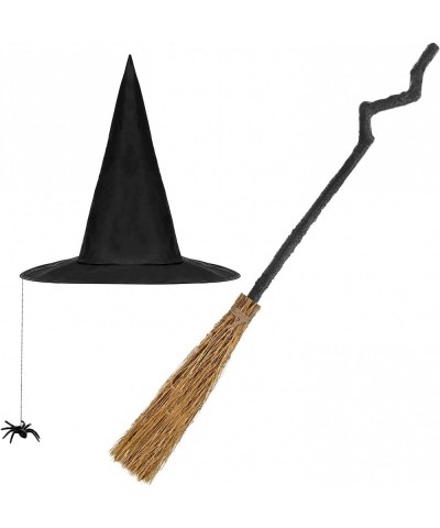 2 Pcs Halloween Witch Set Adjustable Length Witches Broom Witch Wizard Broomstick Witch Hat with Spider for Women Men Hallowe...