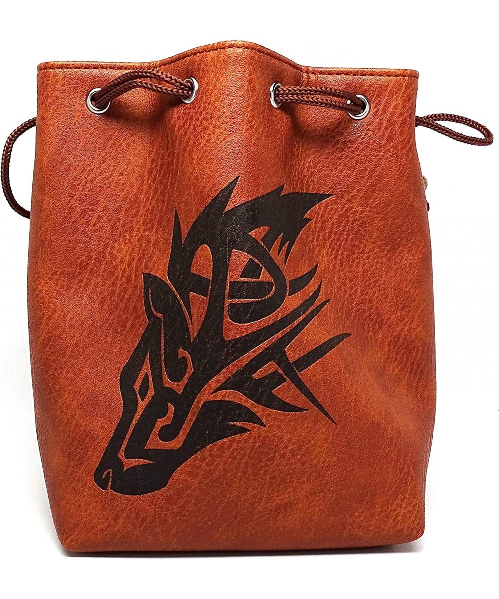 Brown Leather Lite Large Dice Bag with Wolf Design - Brown Faux Leather Exterior with Lined Interior - Stands Up on its Own a...