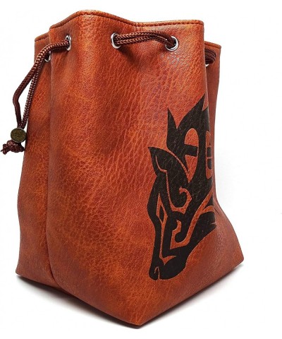 Brown Leather Lite Large Dice Bag with Wolf Design - Brown Faux Leather Exterior with Lined Interior - Stands Up on its Own a...