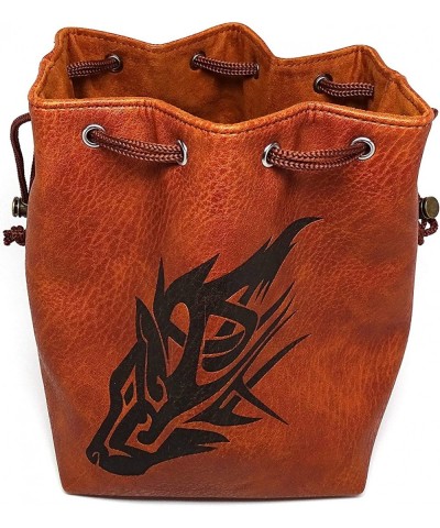 Brown Leather Lite Large Dice Bag with Wolf Design - Brown Faux Leather Exterior with Lined Interior - Stands Up on its Own a...