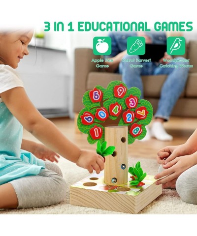 3-in-1 Wooden Montessori Toys for Toddlers Age 2 3 4 - Carrot Harvest Game Woodpecker & Apple Number Tree Game Shape-Size-Cou...