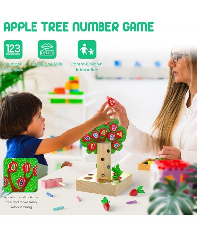 3-in-1 Wooden Montessori Toys for Toddlers Age 2 3 4 - Carrot Harvest Game Woodpecker & Apple Number Tree Game Shape-Size-Cou...