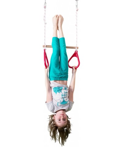 Wooden Trapeze Swing Bar with Red Gym Rings for Obsticle Courses Swing Sets Playgrounds and Doorway Swings $77.42 Play Sets &...