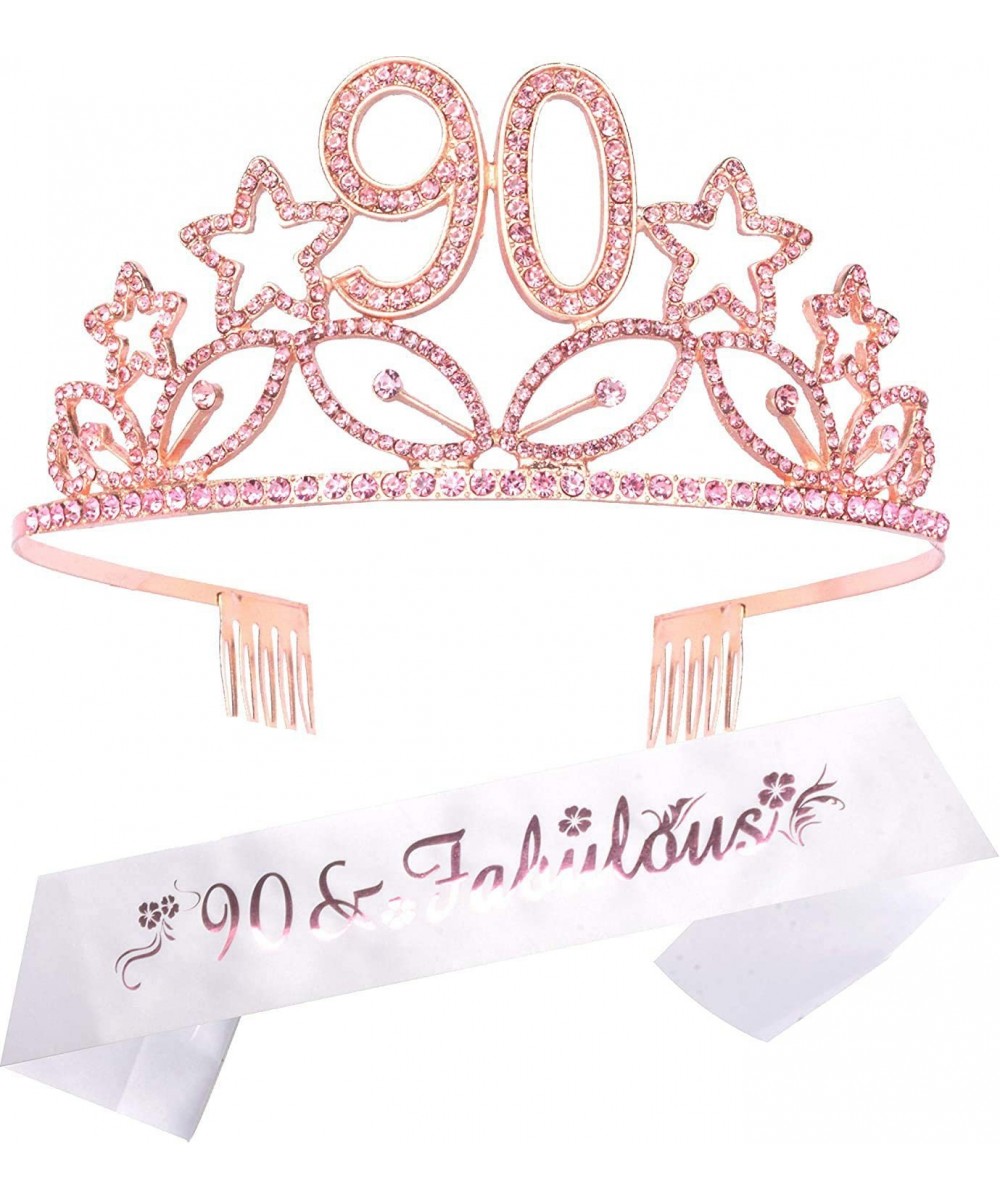 90th Birthday Sash and Tiara for Women - Fabulous Glitter Sash + Stars Rhinestone Pink Premium Metal Tiara for Her 90th Birth...