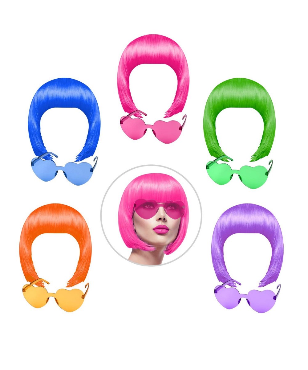 10 Pieces Party Wigs and Sunglass Set Neon Short Bob Wig Sunglass Pack Costume Colorful Cosplay Wig Daily Party Hairpieces fo...