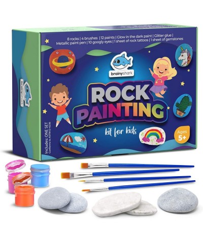 Brainy Shark Rock Painting Kit for Kids - Children's Arts and Crafts Set - 8 Rocks 12 Paints 4 Brushes Googly Eyes Metallic P...