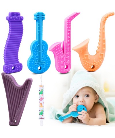 Baby Teether Toys 6 to 12 Months 5-Pack BPA Free Soft Textured Silicone and Musical Instrument Shapes with Raised Textures to...