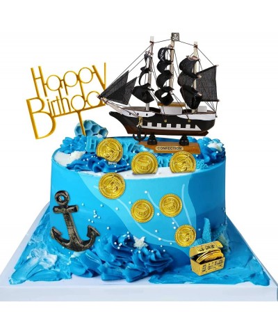 14PCS Pirate Theme Cake Topper Nautical Sail Ship Birthday Cake Topper Pirate Gold Coins Treasure Chest Pirate Ship Model Dec...