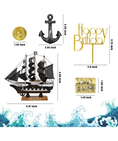 14PCS Pirate Theme Cake Topper Nautical Sail Ship Birthday Cake Topper Pirate Gold Coins Treasure Chest Pirate Ship Model Dec...