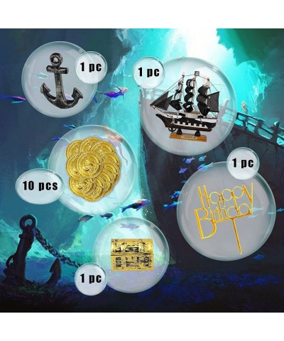 14PCS Pirate Theme Cake Topper Nautical Sail Ship Birthday Cake Topper Pirate Gold Coins Treasure Chest Pirate Ship Model Dec...