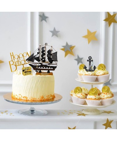 14PCS Pirate Theme Cake Topper Nautical Sail Ship Birthday Cake Topper Pirate Gold Coins Treasure Chest Pirate Ship Model Dec...