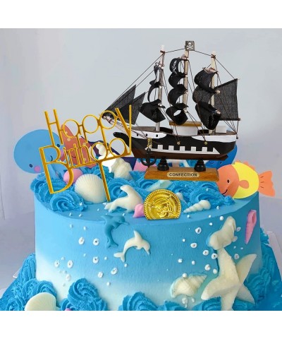 14PCS Pirate Theme Cake Topper Nautical Sail Ship Birthday Cake Topper Pirate Gold Coins Treasure Chest Pirate Ship Model Dec...