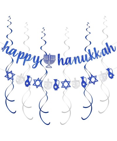 Blue Glitter Happy Hanukkah Banner and Hanukkah Garland Hanging Swirls- Happy Hanukkah Decorations Chanukah Festival Party De...