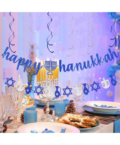 Blue Glitter Happy Hanukkah Banner and Hanukkah Garland Hanging Swirls- Happy Hanukkah Decorations Chanukah Festival Party De...