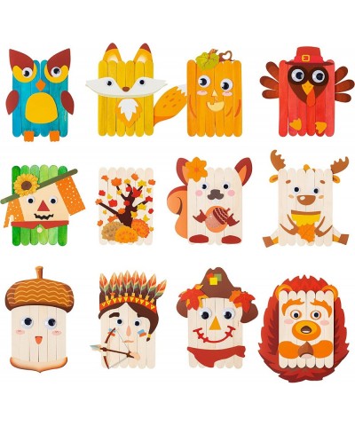 12Pcs Fall Stick Art Craft Autumn Theme DIY Wooden Popsicle Sticks Pumpkin Maple Leaf Turkey Fox Owl Halloween Thanksgiving P...