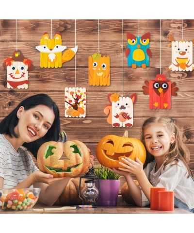 12Pcs Fall Stick Art Craft Autumn Theme DIY Wooden Popsicle Sticks Pumpkin Maple Leaf Turkey Fox Owl Halloween Thanksgiving P...