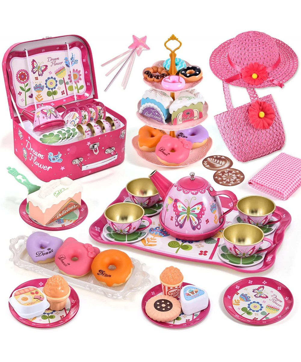 Kids Tea Party Set for Little Girls Princess Toys 47Pcs Tin Tea Set Food Dessert Playset Carring Box Kitchen Pretend Play Toy...