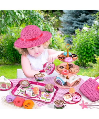 Kids Tea Party Set for Little Girls Princess Toys 47Pcs Tin Tea Set Food Dessert Playset Carring Box Kitchen Pretend Play Toy...