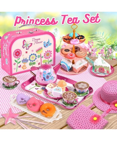 Kids Tea Party Set for Little Girls Princess Toys 47Pcs Tin Tea Set Food Dessert Playset Carring Box Kitchen Pretend Play Toy...