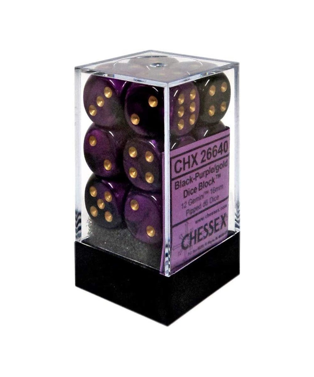 Dice d6 Sets: Gemini Black & Purple with Gold - 16mm Six Sided Die (12) Block of Dice $17.78 Game Accessories