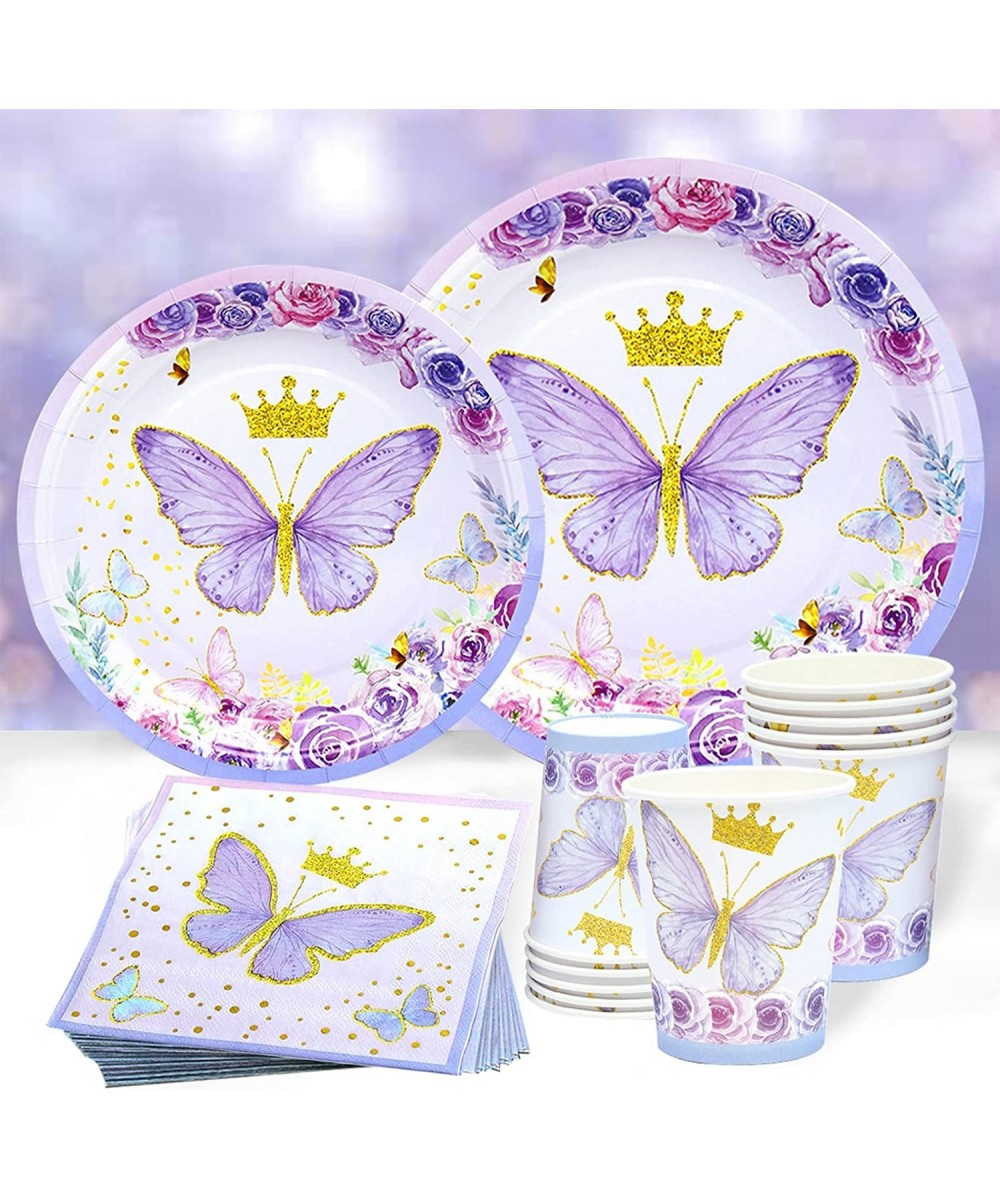 Butterfly Birthday Party Decorations Baby Shower Plates for Girl 24 Servings with Purple Butterfly Paper Plates Napkins Desse...